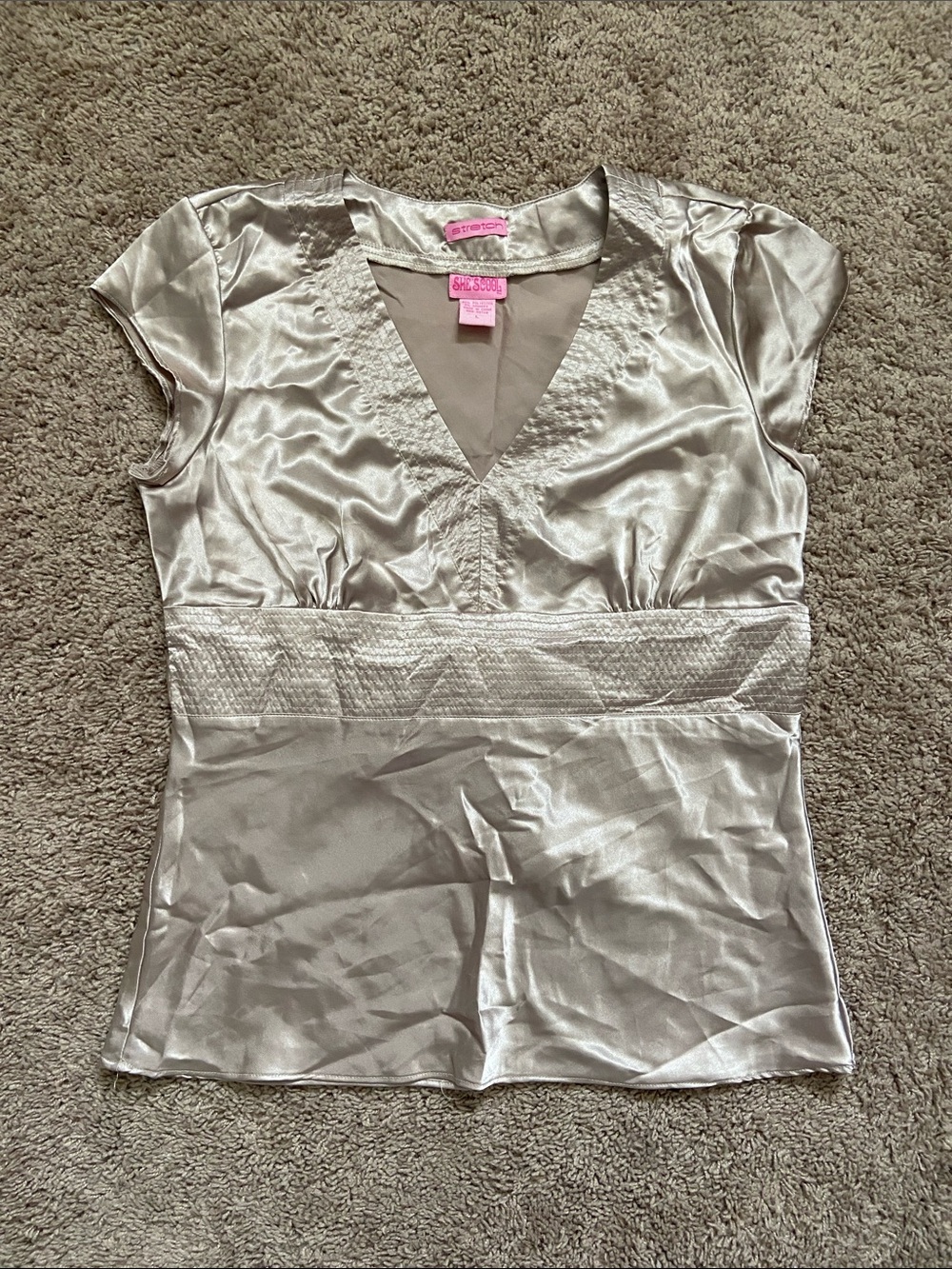 Silver Satin V-Neck Cap Sleeve Blouse